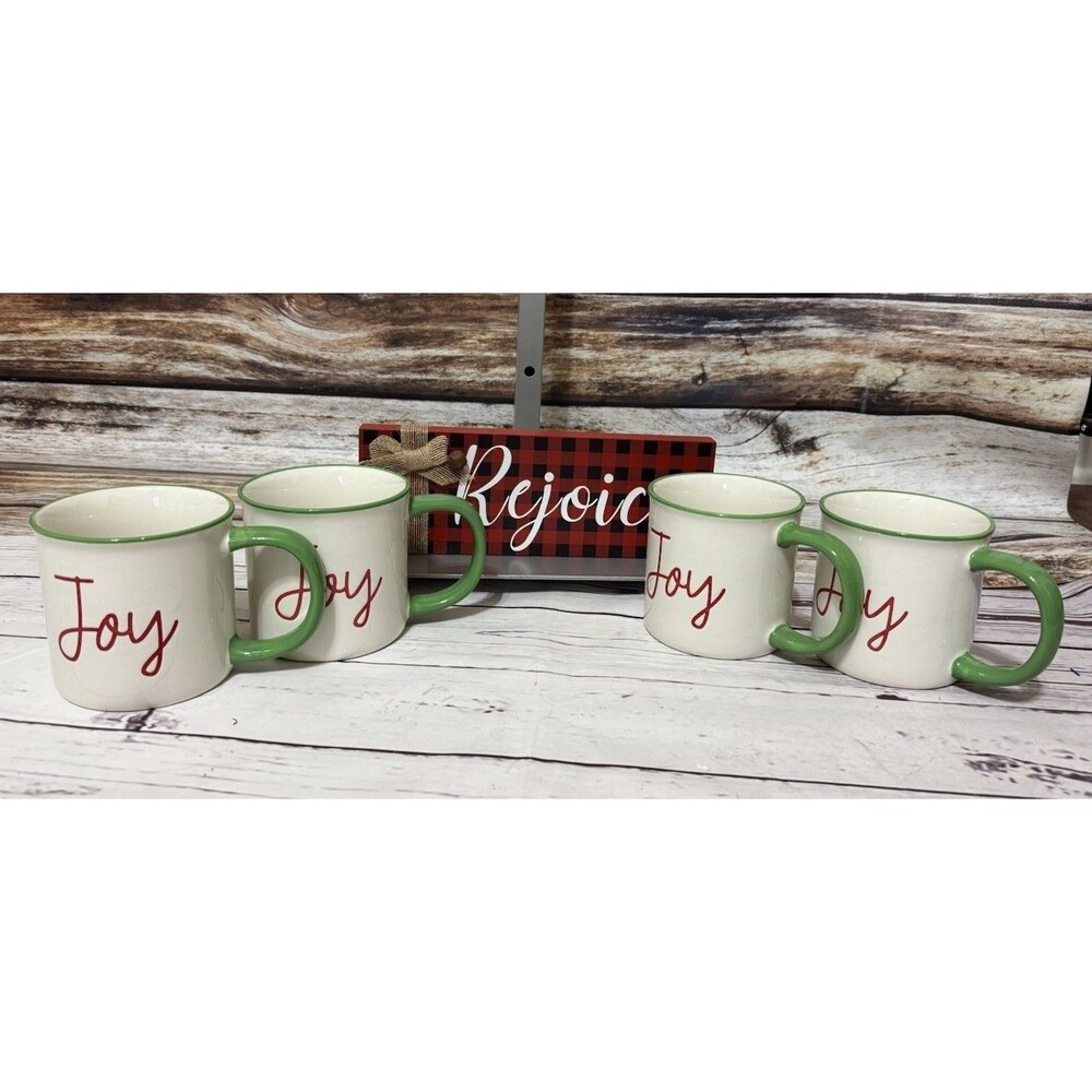 HOLIDAY CHRISTMAS JOY COFFEE MUGS SLEIGH BELL BISTRO and Rejoice Block Sign